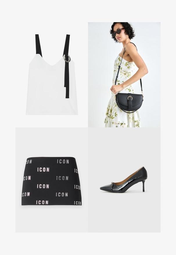Top sem mangas branco com decote em V, apresentando alças pretas e um detalhe em forma de argola prateada. Tecido suave e um design moderno e minimalista.; Saia mini preta com texto "ICON" a brilhar num padrão repetido ao longo do tecido, textura suave com um design justo.; Sapato de salto alto em couro laqueado preto com bico fino, detalhe de tira decorativa na parte da frente e um salto agulha fino.; Bolsa de couro preta com forma curva, alça destacável e detalhes em dourado. A bolsa possui uma aba com detalhe de fivela.