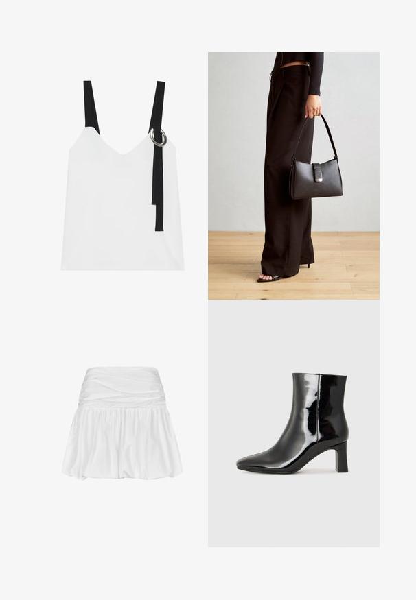 Bela brezrokavnika s V-izrezom, ki ima črne naramnice in srebrno okrasno obrobo. Gladka tkanina in sodoben, minimalističen dizajn.; Bela mini krila z nabranim pasom, tekoča A-linija, gladka tekstura tkanine in naborki na robu za večjo voluminoznost in gibanje.; Črne lakirane gležnjarje z ošiljenim nosom in srednje visokim blokastim peto. Gladka tekstura in minimalističen dizajn.; Črna torbica z strukturirano obliko, gladko teksturo in kovinskim zaponko. Ujemajo se z širokimi črnimi hlačami in odprtimi sandali na lesenem tleh.