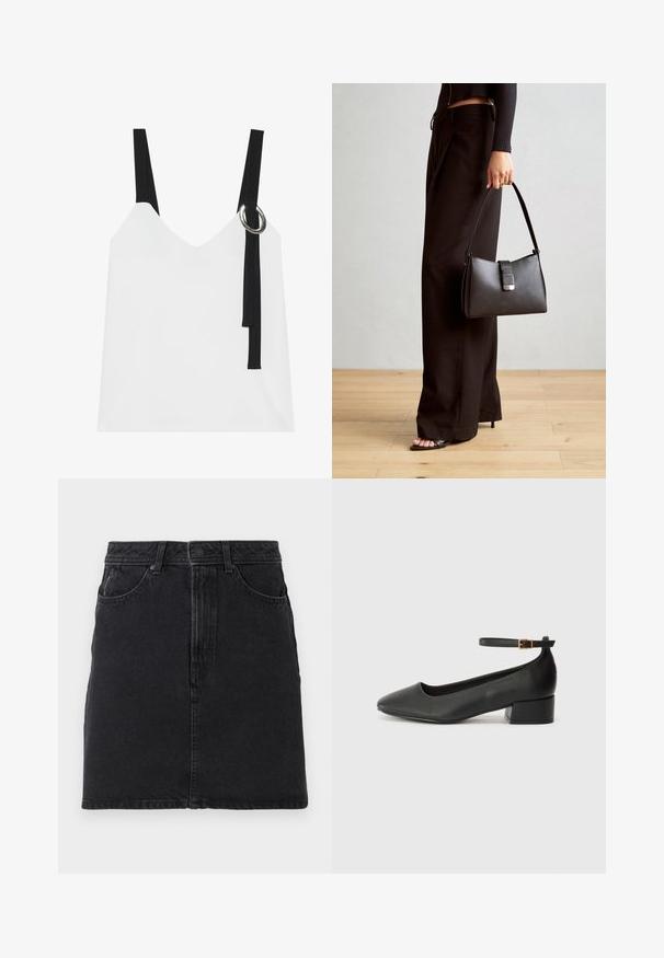 Weißes ärmelloses Top mit V-Ausschnitt, ausgestattet mit schwarzen Trägern und einem silbernen Ringdetail. Glatte Stoffoberfläche und ein modernes, minimalistisches Design.; Schwarzer Jeansrock mit geradem Schnitt, ausgestattet mit einem Knopf- und Reißverschluss vorne, zwei vorderen Taschen und einfachen Steppnähten.; Schwarze Lederpumps mit spitzem Zehenbereich und niedrigem Blockabsatz. Mit einem Knöchelriemen und einer goldfarbenen Schnalle. Glatte Textur.; Schwarze Handtasche mit strukturierter Form, glatter Textur und einem metallischen Verschluss. Kombiniert mit weiten schwarzen Hosen und offenen Sandalen auf einem Holzboden.