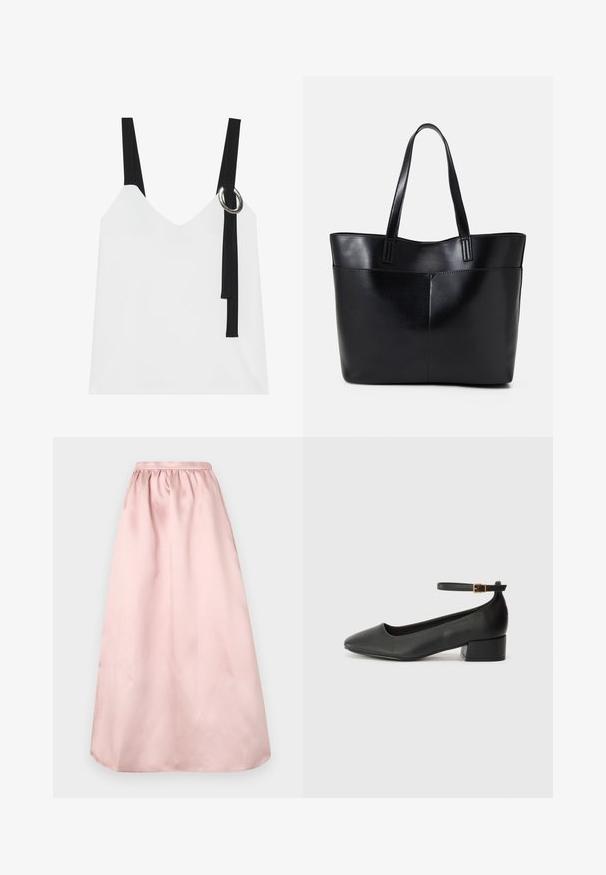 Balta bez piedurknēm topa ar V-veida kakla izgriezumu, ar melnām siksnām un sudraba gredzenu. Gluda auduma un mūsdienīgs, minimālistisks dizains.; Rozā, grīdas garuma A-līnijas svārki, izgatavoti no gludas, satīna auduma. Iezīmētas ar savākto jostas vietu ērta fitam un bezšuvju apakšmalu.; Melnas ādas sūkņi ar smailu purngalu un zemu bloku papēdi. Iezīmēts ar potītes siksniņu ar zelta krāsas sprādzi. Gluda tekstūra.; Melnas ādas iepirkumu soma ar divām garām rokturām, gludu tekstūru un strukturētu formu. Iekļauj priekšējo kabatu papildu uzglabāšanai.