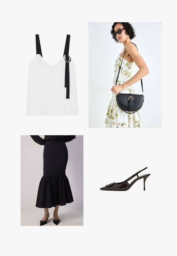 Bijela bezrukavna majica s V-izrezom, s crnim trakama i detaljem srebrnog prstena. Glatka tkanina i moderan, minimalistički dizajn.; Crna sirena suknja s prilagođenim strukom, raširenim dnom i teksturiranim materijalom. Završava odmah ispod koljena s detaljem od volana.; Crne lakirane slingback cipele s oštrim vrhom, minimalističkim dizajnom, malim okruglim akcentom na prednjem dijelu i uskim potpeticama.; Crna kožna torba s lukovitim oblikom, odvojivim remenom i zlatnim detaljima. Torba ima preklop s kopčom.