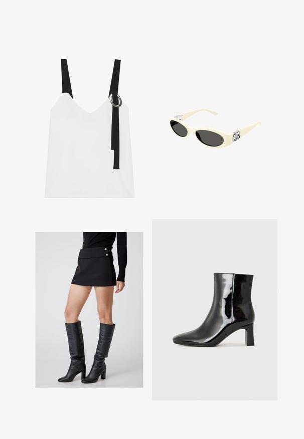 Witte mouwloze top met een V-hals, voorzien van zwarte straps en een zilveren ringdetail. Glad materiaal en een modern, minimalistisch ontwerp.; Zwarte mini-jurk met een omgevouwen tailleband en zilveren knopen, gecombineerd met knie-hoge zwarte leren laarzen met een chunky hak.; Zwarte gepolijste leren enkellaars met een spitse neus en een blokhak van gemiddelde hoogte. Glad textuur en minimalistisch ontwerp.; Crème-kleurige zonnebril met ovale lenzen, zwarte tint en metallic logo accenten op de slapen. Zachte textuur, cat-eye ontwerp.; Zwarte handtas met gestructureerde vorm, gladde textuur en een metalen sluiting. Gecombineerd met brede zwarte broeken en sandalen met open teen op een houten vloer.