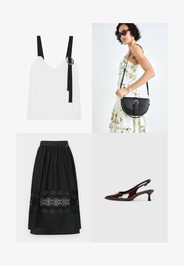 Witte mouwloze top met een V-hals, voorzien van zwarte straps en een zilveren ringdetail. Glad materiaal en een modern, minimalistisch ontwerp.; Zwarte rok van een gladde stof met een elastische tailleband, met een kanten inzetstuk in een golvend patroon aan de zoom.; Bruine gepatineerde leren slingback-schoen met een spitse neus en een gematigd hakje. Voorzien van een gespsluiting voor een veilige pasvorm. Glad van textuur.; Zwarte leren handtas met een gebogen vorm, afneembare schouderband en gouden hardware. De tas heeft een klep met een gespsluiting.
