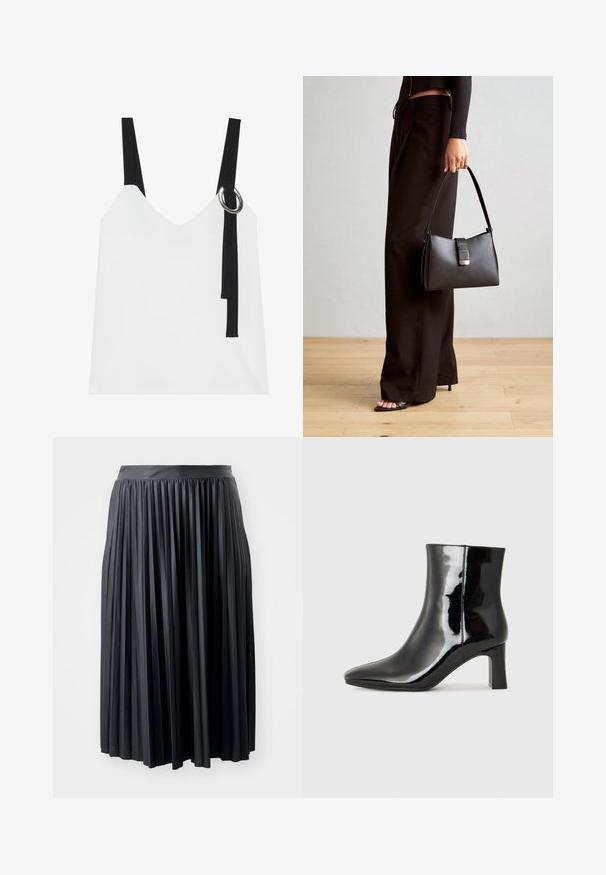 White sleeveless top with a V-neck, featuring black straps and a silver ring detail. Smooth fabric and a modern, minimalist design.; Black pleated skirt with a smooth waistband. Made from lightweight material, featuring vertical pleats that create texture and flow.; Black patent leather ankle boot with a pointed toe and a mid-height block heel. Smooth texture and minimalist design.; Black handbag with structured shape, smooth texture, and a metallic clasp. Paired with wide black pants and open-toe sandals on wooden floor.