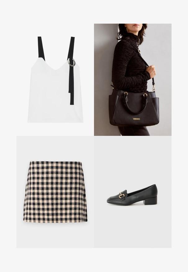 White sleeveless top with a V-neck, featuring black straps and a silver ring detail. Smooth fabric and a modern, minimalist design.; Black and cream checkered skirt with a straight cut, featuring a smooth texture and a hem that sits above the knee. No hardware or accents.; Black leather loafers with a flat heel, featuring a decorative gold hardware detail on the front and a smooth texture.; Black handbag with textured surface, dual top handles, and adjustable shoulder strap. Features gold-tone hardware and side pockets.