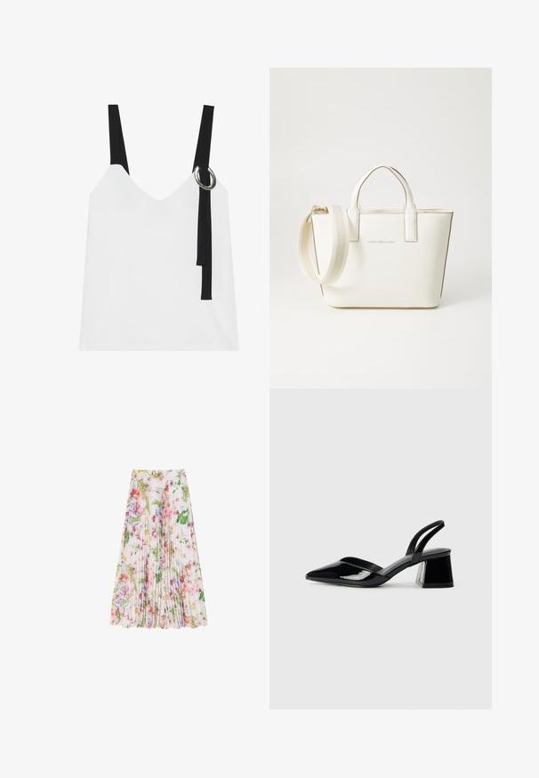 Weißes ärmelloses Top mit V-Ausschnitt, ausgestattet mit schwarzen Trägern und einem silbernen Ringdetail. Glatte Stoffoberfläche und ein modernes, minimalistisches Design.; Blumenkleid aus leichtem Stoff mit einer Mischung aus rosa, grün und lila Farbtönen. Fällt unter das Knie und hat einen gerafften Taillenbund.; Schwarze Lackleder-Slingback-High Heels mit spitzem Schuh und einem geometrischen Blockabsatz. Verfügt über ein schlankes, minimalistisches Design und eine glatte Textur.; Weiße Handtasche aus Kunstleder mit kurzen Henkeln, verstellbarem Schulterriemen und goldfarbener Hardware; verfügt über ein dezentes Logo auf der Vorderseite.
