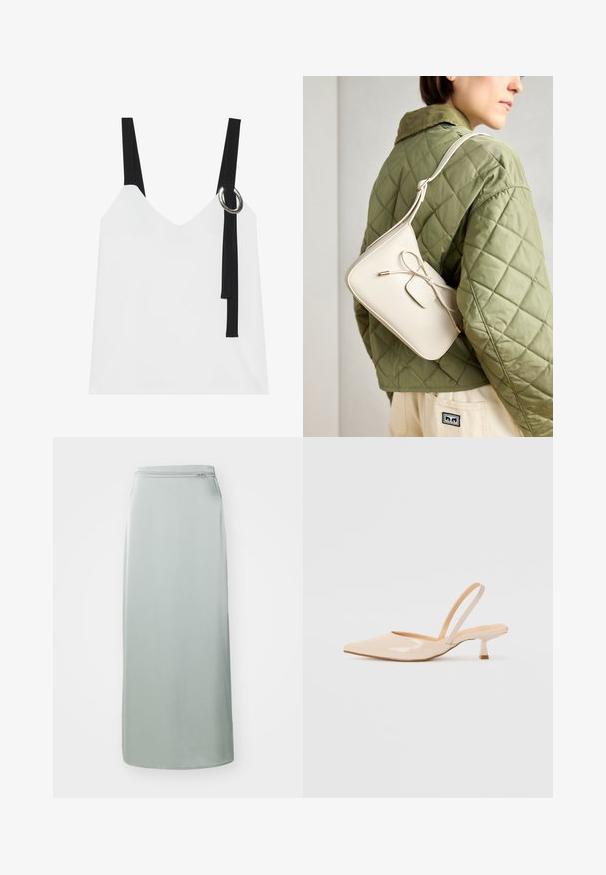 Valkoinen hihaton paita, jossa on V-pääntie, mustat hihnat ja hopeinen renkaallinen yksityiskohta. sileä kangas ja moderni, minimalistinen muotoilu.; Pitkä, vaaleanvihreä hame, joka on valmistettu sileästä kankaasta. Hameessa on suora leikkaus ja piilotettu vetoketju vyötäröllä. Minimalistinen muotoilu, ei kuvioita tai yksityiskohtia.; Beige patenttanssisen nahasta valmistetut slingback-korkokengät, joissa on terävä kärki ja kapea, neliömäinen korko. Saumatonta pinta ja minimalistinen muotoilu ilman koristeita.; Beige nahka-olkalaukku, jossa on nauhakiinnitys, kultaiset yksityiskohdat ja yksi säädettävä hihna, joka on puettu vihreän tikatun takin päälle.