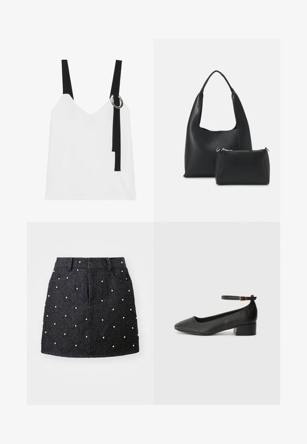 Bílý top bez rukávů s výstřihem do V, vyznačující se černými pásky a stříbrným kroužkovým detailem. Hladký materiál a moderní, minimalistický design.; Černá džínsová sukně s kosočtvercovým prošíváním, zdobená bílými perlami. Má pas a dvě přední kapsy.; Černé kožené lodičky s špičatou špičkou a nízkým blokovým podpatkem. Obsahují pásek kolem kotníku se zlatou sponou. Hladký povrch.; Even&Odd Kabelka - black; Stříbrné náušnice ve tvaru srdce mají fasetované průhledné kameny a texturovaný rám. Sada zahrnuje styl pecek a visacích náušnic.
