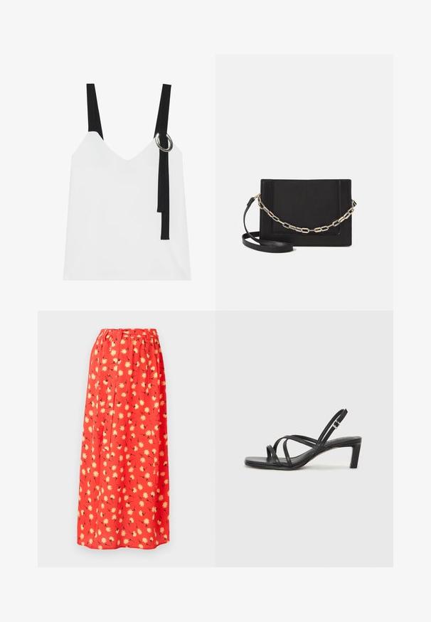 Hvid ærmeløs top med V-udskæring, som har sorte stropper og en sølvringdetalje. Glat stof og et moderne, minimalistisk design.; Rød maxi-nederdel lavet af let stof, med et blomstermønster med gule margueritter og sorte detaljer. Elastisk talje for komfort.; Sort remsandale med firkantet tå og en lav blokeret hæl. Har flere tynde stropper og en justerbar ankelrem. Fremstillet af glat læder.; Sort læder crossbody taske med en glat tekstur, rektangulær form og en metallisk kæde detalje foran. Justerbar skulderrem inkluderet.