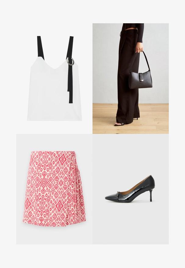 Hvit ermeløs topp med V-hals, med svarte stropper og en sølvringdetalj. Glatt stoff og et moderne, minimalistisk design.; En wrap skjørt i krem med et rosa geometrisk mønster. Har detaljer med sideknute og en utsvingt design for en avslappet passform. Glatt tekstur.; Sorte patent lær høyhælte sko med spiss tå, dekorativ stroppdetalj foran og tynn stiletthel.; Svart håndveske med strukturert form, jevn tekstur og metallisk lås. Kombinert med brede svarte bukser og sandaler med åpen tå på tregulv.