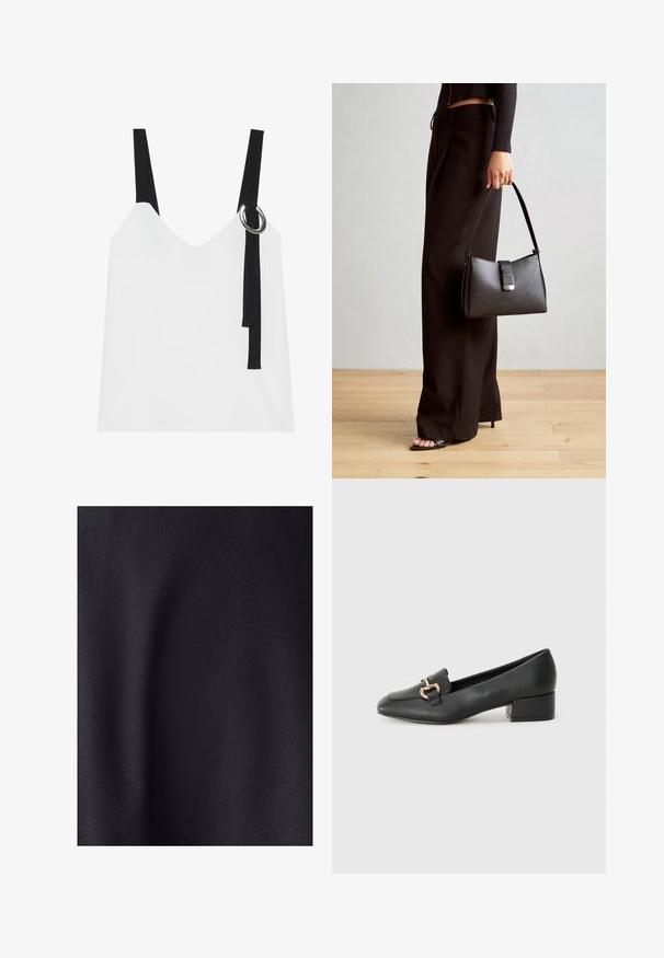Haut sans manches blanc avec un col en V, comportant des bretelles noires et un détail en anneau argenté. Tissu lisse et design moderne et minimaliste.; Tissu noir avec une texture lisse et mate. La surface a un léger éclat, mettant en valeur un tissage fin sans motifs ni accents visibles.; Mocassins en cuir noir avec un talon plat, présentant un détail décoratif en métal doré à l'avant et une texture lisse.; Sac à main noir à la forme structurée, texture lisse et fermoir métallique. Associé à un pantalon noir ample et des sandales ouvertes sur un sol en bois.