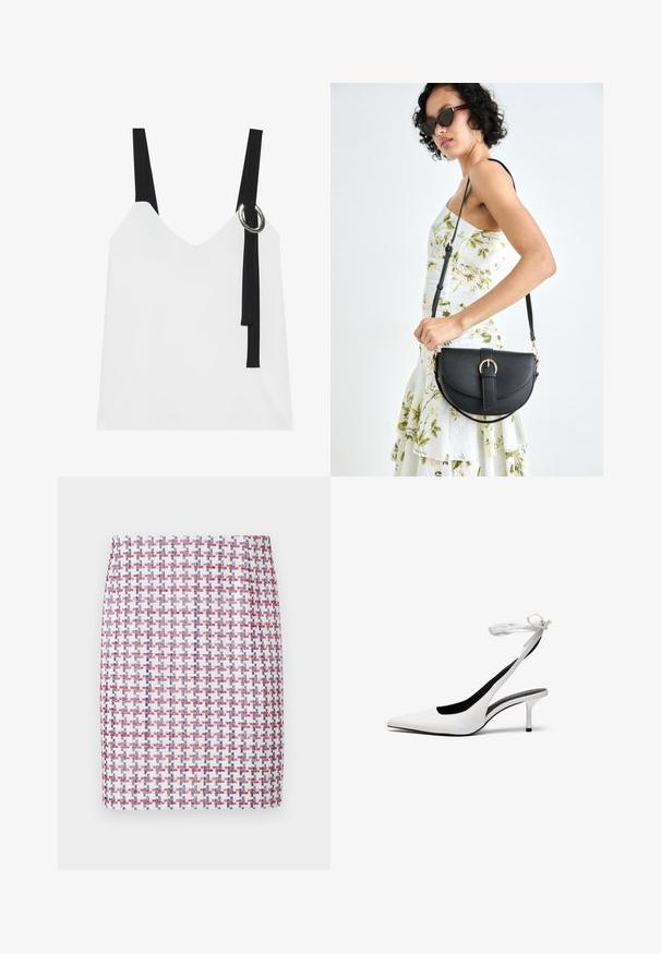 Balta be rankovių palaidinė su V formos iškirpte, su juodomis petnešomis ir sidabriniu žiedu. Sklandus audinys ir modernus, minimalistinis dizainas.; Austėja raudonos, baltos ir mėlynos languotos modelio pinimų sijonas, turintis tiesią dizaino liniją ir lygią tekstūrą, su vidutinio aukščio liemeniu.; Balti smaili ovalo pirštai su banguota atvira užsegimo juosta. Lygi odinė medžiaga, plonas stiletto kulnas ir juodas vidinis pamušalas.; Juodas odinis krepšys su išlenkta forma, nuimamu dirželiu ir auksiniais detalėmis. Krepšys turi kilpą su sagtimi.