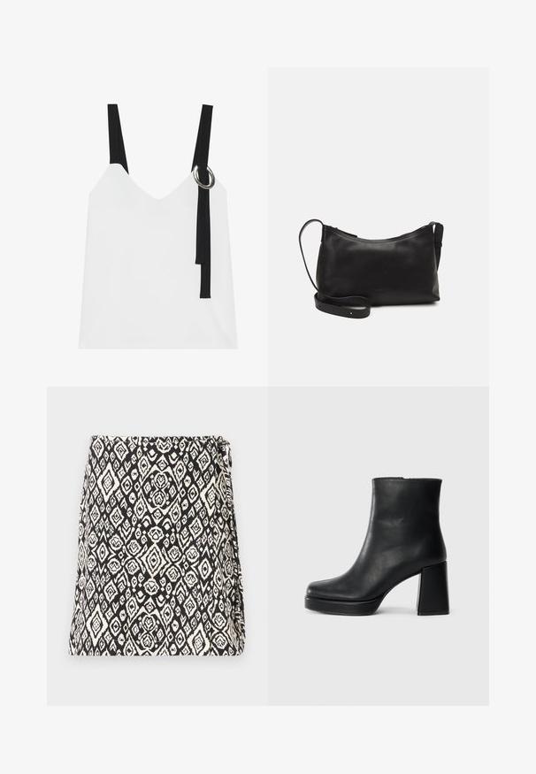 Top bianco senza maniche con scollo a V, caratterizzato da spalline nere e un dettaglio ad anello argentato. Tessuto liscio e design moderno e minimalista.; Borsa bianca e nera con un motivo geometrico a diamante, realizzata in tessuto con una finitura texture. Progettata con un'apertura a pattina.; Stivale alla caviglia in pelle nera con tacco a blocco e suola platform, visto di lato su uno sfondo bianco uniforme.; Borsa a spalla in pelle nera con una texture liscia, forma curva, tracolla regolabile e chiusura con zip. Design minimalista senza ornamenti.
