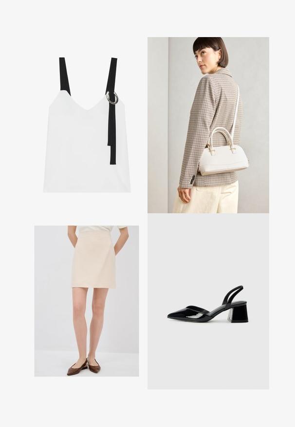 Weißes ärmelloses Top mit V-Ausschnitt, ausgestattet mit schwarzen Trägern und einem silbernen Ringdetail. Glatte Stoffoberfläche und ein modernes, minimalistisches Design.; Hellbeige Minirock mit strukturiertem Finish, schlanker Silhouette und Taillenbund, kombiniert mit braunen Slippers.; Schwarze Lackleder-Slingback-High Heels mit spitzem Schuh und einem geometrischen Blockabsatz. Verfügt über ein schlankes, minimalistisches Design und eine glatte Textur.; Weiße strukturierte Handtasche mit kurzen Griffen und einem Schultergurt, ausgestattet mit goldfarbenen Hardware-Elementen und strukturiertem Material, vor einem grauen Hintergrund präsentiert.