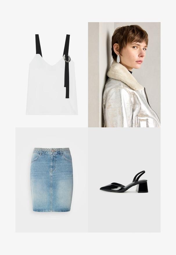 Bela brezrokavnika s V-izrezom, ki ima črne naramnice in srebrno okrasno obrobo. Gladka tkanina in sodoben, minimalističen dizajn.; Svijetloplavi traper suknja s uskim krojem, koja ima ukrasni pojas s uzorkom, prednje džepove i blago izbljeđivanje za dodatnu teksturu.; Črne lakirane slingback pete s koničastim nosom in geometrijsko blokasto peto. Imajo eleganten, minimalističen dizajn in gladko teksturo.; Srebrna metalik usnjena jakna s ovratnikom iz jagnječje kože, z zadrgo in strukturirano površino. Velike kapljaste uhane s prozornimi dragimi kamni.