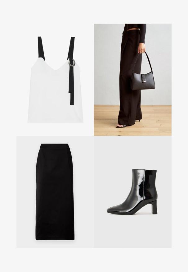 Fehér ujjatlan felső V-nyakkal, fekete pántokkal és ezüst karika részlettel. Simább anyag és modern, minimalista dizájn.; Fekete, térdig érő szoknya, egyenes vonalú fazonnal, sima anyagból készült. Két oldalsó zsebet és letisztult derékpántot tartalmaz.; Fekete lakk bőrcipő bokáig érő, hegyes orral és közepes magasságú tömbsarokkal. Simább textúrával és minimalista dizájnnal rendelkezik.; Fekete kézi táska strukturált formával, sima textúrával és fémből készült záródással. Széles fekete nadrággal és nyitott orrú szandállal párosítva, fából készült padlón.