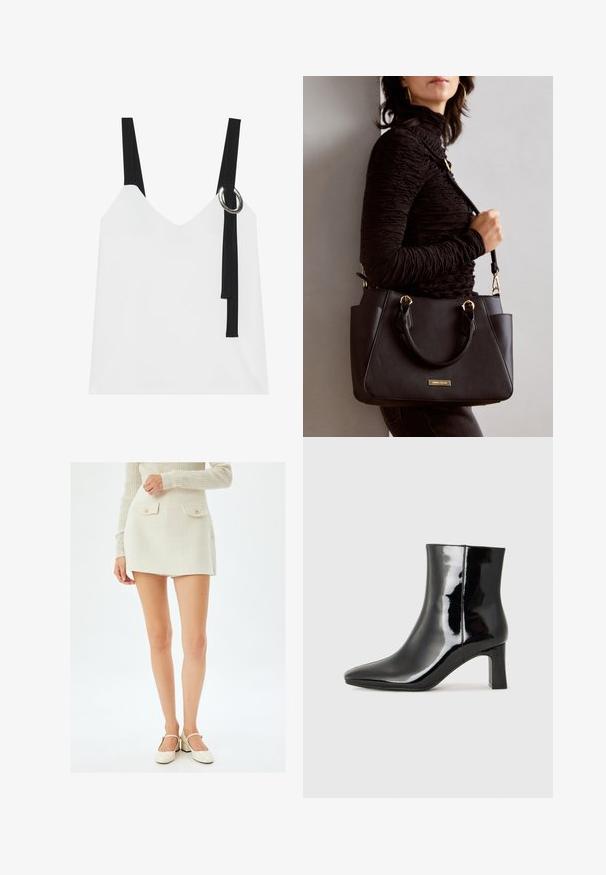 Hvid ærmeløs top med V-udskæring, som har sorte stropper og en sølvringdetalje. Glat stof og et moderne, minimalistisk design.; Hvid tekstureret miniskørt med to frontlommer og guldknapper, parret med cremefarvede højhælede sko. Skørtet har en lige snit.; Sort lakeret ankelstøvle med spids tå og en midt-højde blokhæl. Glat tekstur og minimalistisk design.; Sort håndtaske med struktureret overflade, dobbelt topbærere og justerbar skulderrem. Udstyret med guldfarvet metalhardware og sidelommer.