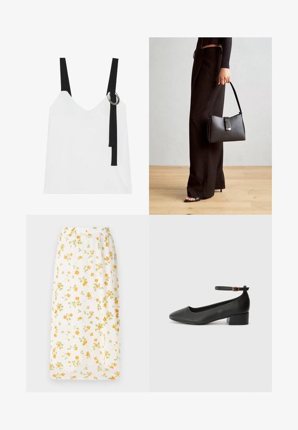 Bijela bezrukavna majica s V-izrezom, s crnim trakama i detaljem srebrnog prstena. Glatka tkanina i moderan, minimalistički dizajn.; Cvjetna duga suknja od lagane tkanine, bijela osnova s raspršenim narančastim i zelenim cvjetovima, elastična naramenica, lepršavi dizajn.; Crne kožne pumpe s oštrim vrhom i niskom blok petom. Sadrže remen oko gležnja s zlatnim kopčanjem. Glatka tekstura.; Crna torba s oblikom koji sadrži strukturu, glađu teksturu i metalnu kopču. Uparena s širokim crnim hlačama i sandalama na otvorenom s drvenog poda.