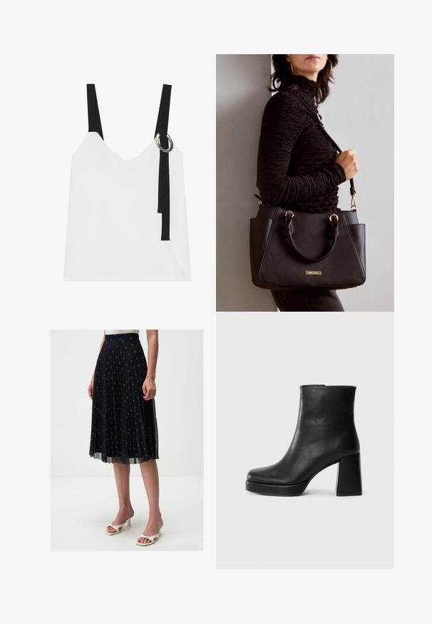 Witte mouwloze top met een V-hals, voorzien van zwarte straps en een zilveren ringdetail. Glad materiaal en een modern, minimalistisch ontwerp.; Zwarte geplooide midi-jurk met geborduurd sterpatroon, elastische tailleband en doorschijnende overlay, gecombineerd met witte open teenhakken.; Zwarte leren enkelboot met een blokhak en platformzool, zijaanzicht op een effen witte achtergrond.; Zwarte handtas met gestructureerd oppervlak, dubbele bovenhandvatten en verstelbare schouderriem. Voorzien van goudkleurige hardware en zijzakken.
