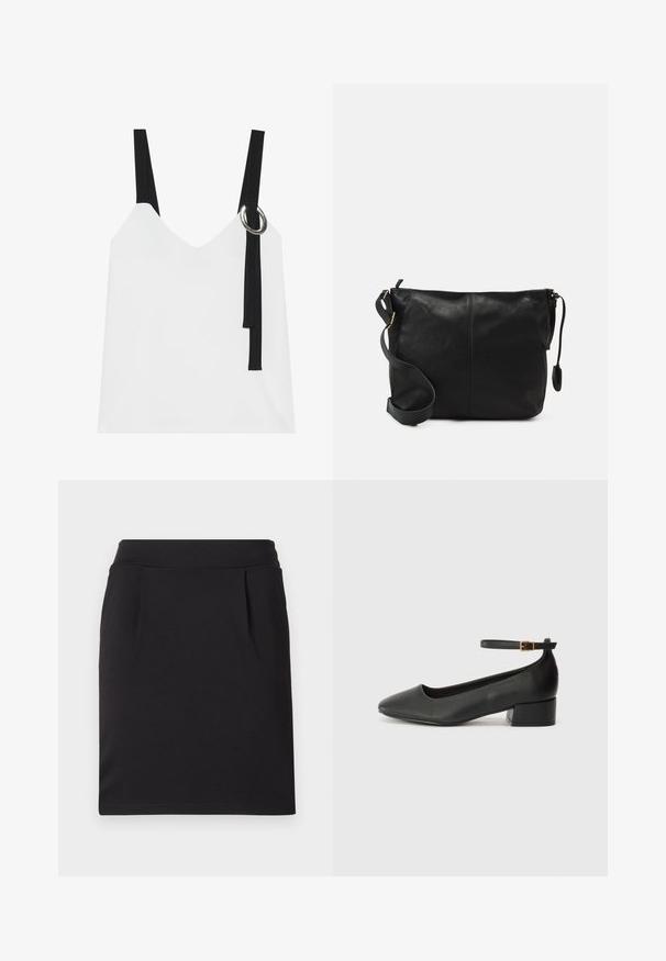 Top alb fără mâneci, cu decolteu în V, având bretele negre și un detaliu cu inel argintiu. Țesătură netedă și un design modern, minimalist.; Fustă neagră până la genunchi, confecționată dintr-un material fin, având o talie ajustată și două pliuri discrete în față pentru un plus de detaliu.; Pantof cu toc negru din piele, cu vârf ascuțit și toc mic pătrat. Dispune de o curea la gleznă cu o cataramă în tonuri de aur. Textură netedă.; Geantă de umăr din piele neagră, cu o formă plată, accente de metal auriu și o curea ajustabilă. Textură netedă cu detalii de cusătură minime.