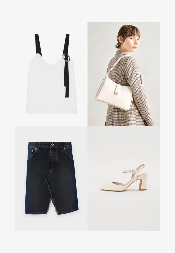 Bílý top bez rukávů s výstřihem do V, vyznačující se černými pásky a stříbrným kroužkovým detailem. Hladký materiál a moderní, minimalistický design.; Džínová sukně v tmavě modré barvě s roztrhaným lemem. Obsahuje přední kapsy a zapínání na knoflíky. Rovný střih, střední délka.; Kopie s špičatou špičkou, krémové lodičky s blokovým podpatekem. Obsahuje tenký pásek kolem kotníku s kulatou sponou a hladkou koženou texturu.; Bílá kožená kabelka se strukturálním designem, s magnetickým uzávěrem a ramenním popruhem, prezentovaná na neutrálním pozadí.