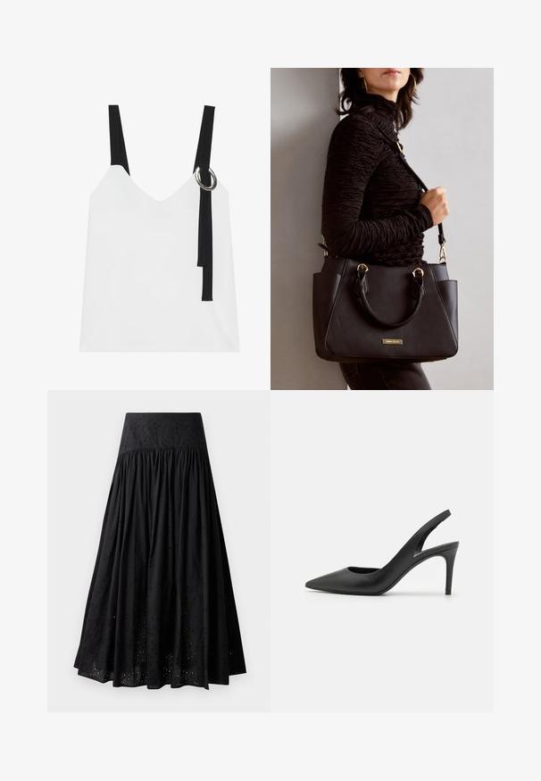 Bijela bezrukavna majica s V-izrezom, s crnim trakama i detaljem srebrnog prstena. Glatka tkanina i moderan, minimalistički dizajn.; Crna maksi suknja od pamuka s vezanom strukom. Ima nabranu tkaninu i detalje s rupicama duž donjeg ruba.; Crne kožne slingback visoke pete s dizajnom u obliku špice, s izrezom sprijeda i tankom stiletto petom.; Crna torba s teksturiranom površinom, dvostrukim gornjim ručkama i podesivom remenom za rame. Ima zlatne metalne detalje i bočne džepove.