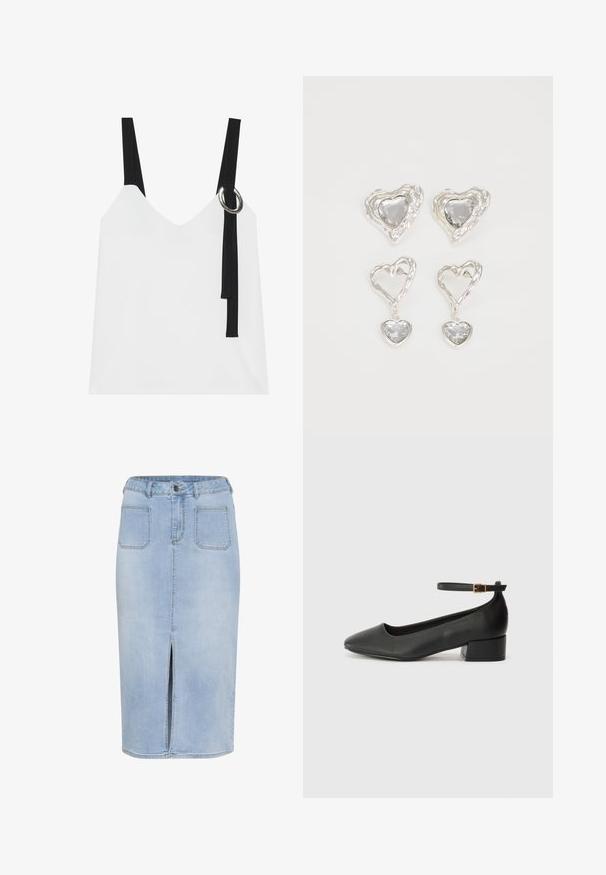 Balta bez piedurknēm topa ar V-veida kakla izgriezumu, ar melnām siksnām un sudraba gredzenu. Gluda auduma un mūsdienīgs, minimālistisks dizains.; Gaiši zila džinsa midi svārki ar priekšējo šķēlumu, piecām kabatām un pieguļošu vidukli ar jostu cilpiņām un pogu aizdari.; Melnas ādas sūkņi ar smailu purngalu un zemu bloku papēdi. Iezīmēts ar potītes siksniņu ar zelta krāsas sprādzi. Gluda tekstūra.; Sudraba sirds formas auskari ir rotāti ar daudzšķautņainiem caurspīdīgiem akmeņiem un ar teksturētu rāmi. Komplektā iekļauti gan pērlīšu, gan pilienu stili.