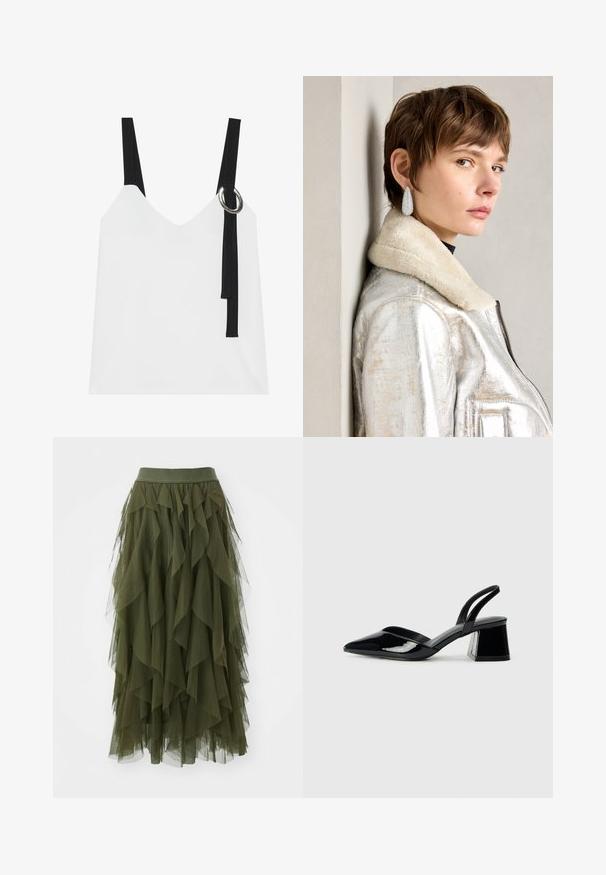 Fehér ujjatlan felső V-nyakkal, fekete pántokkal és ezüst karika részlettel. Simább anyag és modern, minimalista dizájn.; ONLY ONLSKY SKIRT - A-vonalú szoknya - winter moss; Fekete lakk bőr szandálkés magas sarkú cipő, hegyes orral és geometrikus tömbsarkakkal. Karcsú, minimalista dizájn és sima textúra jellemzi.; Ezüst fémes bőrkabát, gyapjúgallérral, cipzáros záródással és texturált felülettel. Nagy, csepp alakú fülbevalók átlátszó drágakövekkel.