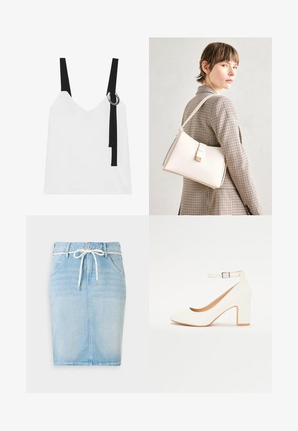 Top alb fără mâneci, cu decolteu în V, având bretele negre și un detaliu cu inel argintiu. Țesătură netedă și un design modern, minimalist.; Fustă din denim de un albastru deschis, cu talie ajustabilă prin șnur, cinci buzunare și o siluetă dreaptă. Are un model subtil decolorat pe întreaga suprafață.; Pantof de damă alb cu toc înalt, vârful ascuțit, toc pătrat și curea la gleznă. Finisaj neted cu un ușor luciu și căptușeală bej.; Geantă de mână din piele albă cu un design structurat, având o închidere magnetică și un breteau, expusă pe un fundal neutru.