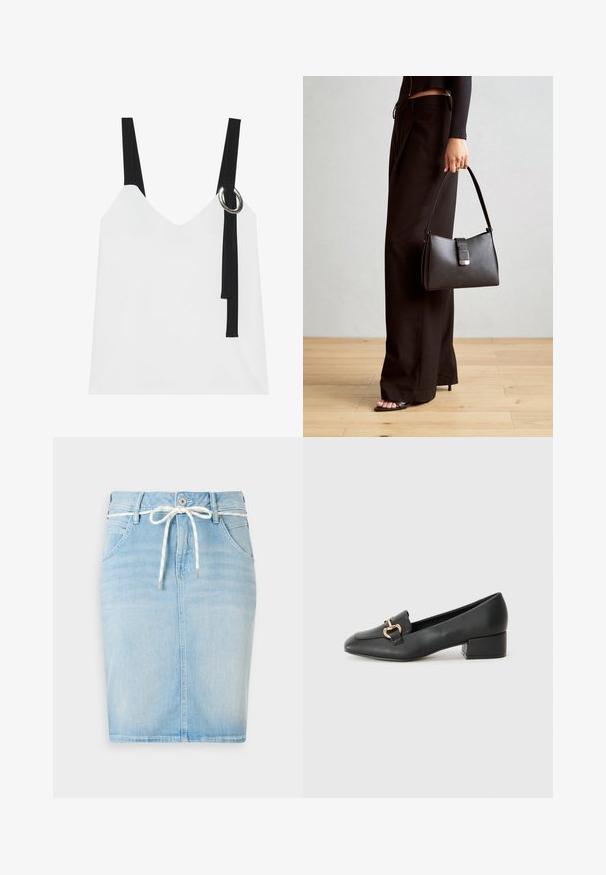 Biely top bez rukávov s výstrihom do V, s čiernymi popruhmi a strieborným krúžkovým detailom. Hladká látka a moderný, minimalistický dizajn.; Svetlomodrá denim sukňa s elastickým pásom a šnúrkou, piatimi vreckami a rovný strih. Obsahuje decentný vyblednutý vzor po celom povrchu.; Čierne kožené mokasíny s plochým podpätkom, ktoré majú dekoratívny zlatý kovový detail vpredu a hladkú textúru.; Čierna kabelka so štruktúrovaným tvarom, hladkou textúrou a kovovou sponou. V kombinácii so širokými čiernymi nohavicami a sandálmi s otvorenou špičkou na drevenej podlahe.