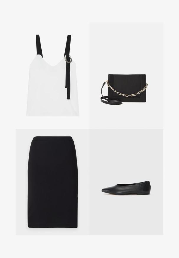 Witte mouwloze top met een V-hals, voorzien van zwarte straps en een zilveren ringdetail. Glad materiaal en een modern, minimalistisch ontwerp.; Zwarte kokerrok van rekbaar materiaal, met een gladde textuur en een slank, recht ontwerp met een aansluitende tailleband.; Zwarte leren balletflat, puntige neus, minimalistisch design, gladde textuur, lage hak, geen zichtbaar beslag of versieringen.; Zwarte leren schoudertas met een gladde textuur, rechthoekige vorm en een metallic kettingdetail aan de voorkant. Verstelbare schouderband inbegrepen.