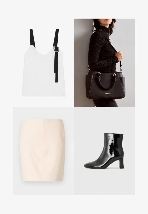 White sleeveless top with a V-neck, featuring black straps and a silver ring detail. Smooth fabric and a modern, minimalist design.; Beige fitted skirt with a smooth texture and clean lines. Features a mid-rise waist and a straight silhouette. No visible fastenings or embellishments.; Black patent leather ankle boot with a pointed toe and a mid-height block heel. Smooth texture and minimalist design.; Black handbag with textured surface, dual top handles, and adjustable shoulder strap. Features gold-tone hardware and side pockets.