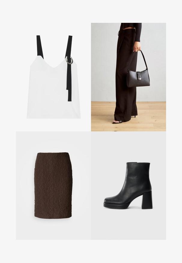 Balta be rankovių palaidinė su V formos iškirpte, su juodomis petnešomis ir sidabriniu žiedu. Sklandus audinys ir modernus, minimalistinis dizainas.; Ruda iki kelių sijonas, pagamintas iš tekstūruotos medžiagos su susiraukšlėjusiu paviršiumi. Turi prigludusį siluetą ir nematomas uždarymo detales ar akcentus.; Juodas odinis kulkšninis botas su bloku ir platformos padu, matomas šoniniu vaizdu ant balto fono.; Juodas rankinė struktūrizuota forma, lygi tekstūra ir metalinis užsegimas. Suporuota su plačiomis juodomis kelnėmis ir atvirais bateliais ant medinių grindų.
