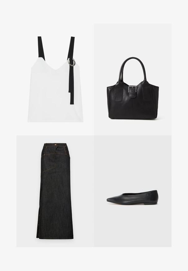 Fehér ujjatlan felső V-nyakkal, fekete pántokkal és ezüst karika részlettel. Simább anyag és modern, minimalista dizájn.; Sötét farmere maxi szoknya magas derékkal, egyenes szabással, oldalsó hasítékkal, megerősített varratokkal és kontrasztos narancssárga öltésekkel.; Fekete bőr balettcipő, hegyes orral, minimalista dizájn, sima textúra, alacsony sarkú, látható fémrész vagy díszítés nélkül.; Fekete bőr bevásárlótáska sima textúrával, strukturált formával, két fogantyúval és egy figyelemfelkeltő ezüst csattal az elején.