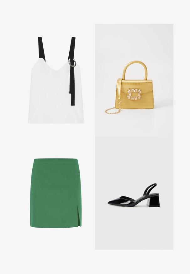 Hvid ærmeløs top med V-udskæring, som har sorte stropper og en sølvringdetalje. Glat stof og et moderne, minimalistisk design.; Grøn mini nederdel med en glat tekstur, der har en lige skæring og en sideslids for ekstra detaljer. Enkel, udecoreret design.; Sorte patentlæder slingback hæle med spids tå og en geometrisk blok hæl. Har et elegant, minimalistisk design og en glat tekstur.; Gul faux-krokodille skuldertaske med struktureret design, top-håndtag, aftagelig kædetraske og dekorativ krystaldekoration på låsen.