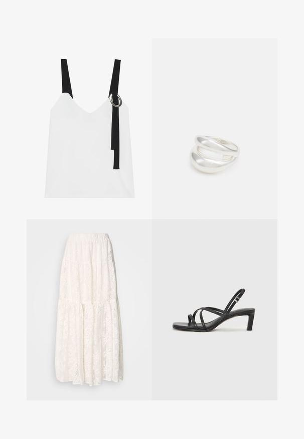 Top blanco sin mangas con escote en V, con tirantes negros y un detalle de anillo plateado. Tejido suave y un diseño moderno y minimalista.; Falda maxi blanca de encaje con un diseño en capas, cinturilla elástica y intrincados patrones florales en toda su extensión. Tela ligera y texturizada.; Sandalia negra de tiras con punta cuadrada y tacón bajo de bloque. Presenta múltiples tiras delgadas y una correa ajustable en el tobillo. Fabricada en cuero suave.; Anillo de plata de doble banda con una superficie lisa y pulida. Presenta un diseño fluido y curvado con secciones superpuestas para un aspecto moderno.