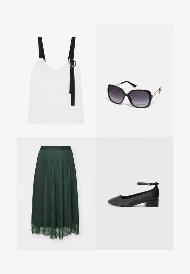 Bela brezrokavnika s V-izrezom, ki ima črne naramnice in srebrno okrasno obrobo. Gladka tkanina in sodoben, minimalističen dizajn.; Zelena midi krila s plisiranim dizajnom in gladkim pasom, ki vključuje plastene prosojne tkanine in tekočo zasnovo. Strukturiran videz je lahek in nežen.; Črne usnjene pumpice z nazobčanimi prsti in nizko blokasto peto. Imajo trak okoli gležnja z zaponko v zlatem tonu. Gladka tekstura.; Črne prevelike sončne očala z degradacijskimi lečami, debelimi okvirji in zlatimi verižicami na ročajih.