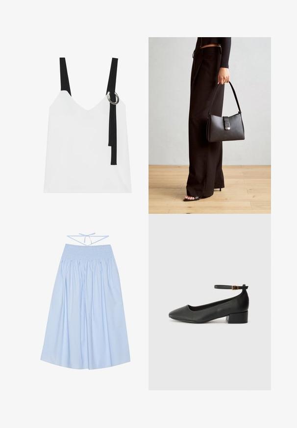 Fehér ujjatlan felső V-nyakkal, fekete pántokkal és ezüst karika részlettel. Simább anyag és modern, minimalista dizájn.; Világoskék, pamut szoknya ráncolt derékkal, lágy sziluettel, széles pliszírozással és vékony, hátsó megkötő pántokkal az állítható illeszkedés érdekében.; Fekete bőr magassarkú cipő hegyes orral és alacsony tömb sarkal. Bokapánttal rendelkezik, aranyszínű csattal. Simább textúra.; Fekete kézi táska strukturált formával, sima textúrával és fémből készült záródással. Széles fekete nadrággal és nyitott orrú szandállal párosítva, fából készült padlón.