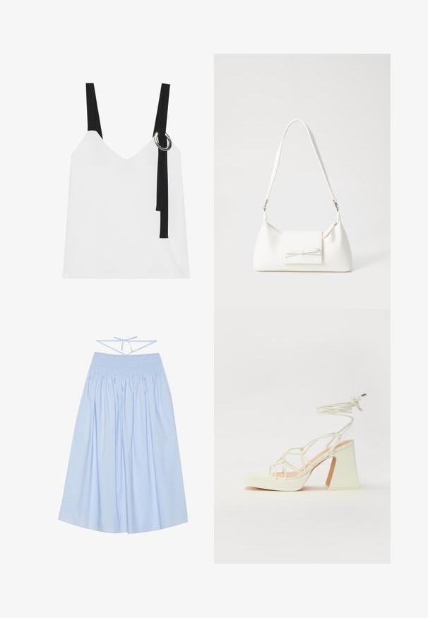 Valge ilma varrukateta top, millel on V-kujuline kaelus, mustade rihmade ja hõbedase rõngaste detailiga. Sile kangas ja kaasaegne, minimalistlik disain.; Heledat sinine puuvillane seelik, millel on smockitud vöökoht, voolav siluett, laiad voldid ja õhukesed sidumisrihmad taga reguleeritava sobivuse jaoks.; Valged kõrge kontsaga sandaalid, millel on paks konts ja rihmadega disain koos pahkluu sidumisega. Sile tekstuur ja platvorm ees, et lisada kõrgust.; Valge sünteetilisest materjalist kott kolmnurkse kujuga, lame esiklapiga ja kaaredetailiga, reguleeritava rihmaga, sileda tekstuuriga ja minimalistliku disainiga.