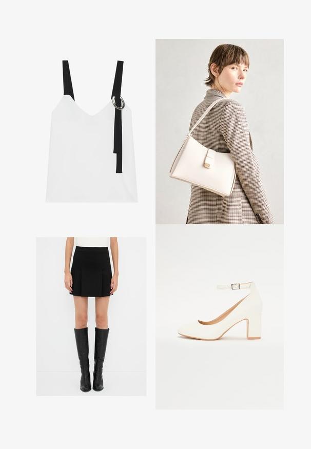 Biała bezrękawnikowa bluzka z dekoltem w serek, z czarnymi ramiączkami i srebrnym detalem w kształcie pierścienia. Gładki materiał i nowoczesny, minimalistyczny design.; Czarna plisowana mini spódnica z dopasowanym pasem, połączona z czarnymi skórzanymi botkami do kolan z zamkami błyskawicznymi i spiczastymi noskami.; Białe buty na wysokim obcasie z wąskim czubkiem, słupkowym obcasem i paskiem wokół kostki. Gładkie wykończenie z delikatnym połyskiem i beżowym wnętrzem.; Biała skórzana torebka o strukturalnym wzorze, z magnetycznym zapięciem i paskiem na ramię, zaprezentowana na neutralnym tle.