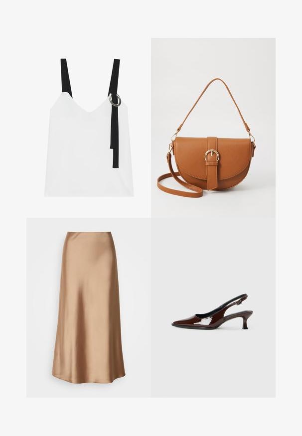 Top sem mangas branco com decote em V, apresentando alças pretas e um detalhe em forma de argola prateada. Tecido suave e um design moderno e minimalista.; Saia midi de satin numa tonalidade castanha clara, apresentando uma silhueta suave e fluida com um brilho subtil e uma bainha ligeiramente evasé.; Sapato slingback em pele sintética castanha com bico pontiagudo e salto moderado. Apresenta uma fivela para um ajuste seguro. Textura suave.; Bolsa transversal de couro castanho com um formato curvado, ferragens douradas e um detalhe de fivela. Inclui uma alça de ombro destacável.