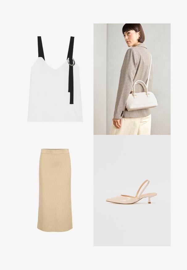Haut sans manches blanc avec un col en V, comportant des bretelles noires et un détail en anneau argenté. Tissu lisse et design moderne et minimaliste.; Jupe midi en tricot couleur beige clair, avec une taille côtelée et une silhouette droite, au toucher lisse et doux.; Escarpins slingback en cuir verni beige avec un bout pointu et un talon carré fin. Texture lisse et design minimaliste sans ornement.; Sac à main structuré blanc avec de courtes poignées et une bandoulière, doté de accents en métal doré et d'un matériau texturé, présenté sur un fond gris.