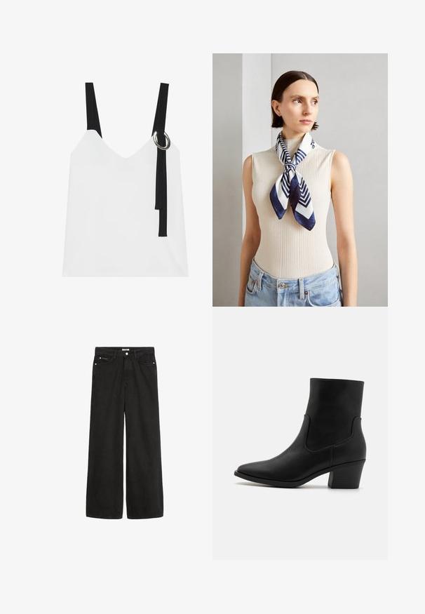 White sleeveless top with a V-neck, featuring black straps and a silver ring detail. Smooth fabric and a modern, minimalist design.; Wide-leg black denim jeans with a high waist. Features five pockets, metal hardware, and a clean finish. The texture is smooth and soft.; Black leather ankle boot with a pointed toe, side elastic panels, and a stacked heel, featuring a smooth texture and minimalist design.; Silk scarf in navy blue and white with a geometric zigzag pattern. Smooth texture, tied neatly around the neck, complementing a ribbed top.
