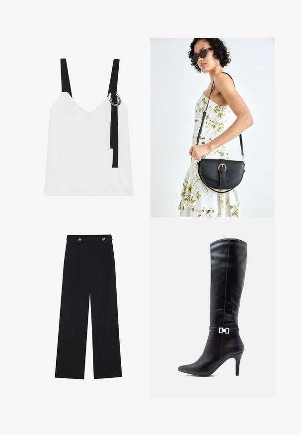 White sleeveless top with a V-neck, featuring black straps and a silver ring detail. Smooth fabric and a modern, minimalist design.; Black wide-leg trousers with high waist, button details on waistband, and front pleats.; Black leather knee-high boot with a pointed toe, high stiletto heel, and a decorative silver buckle detail around the ankle.; Black leather handbag with a curved shape, detachable strap, and gold hardware. The bag features a flap with a buckle detail.