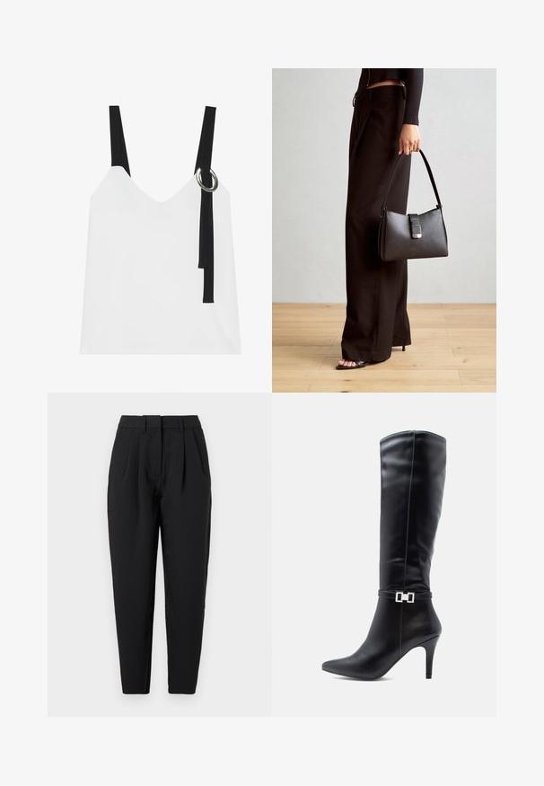 White sleeveless top with a V-neck, featuring black straps and a silver ring detail. Smooth fabric and a modern, minimalist design.; Black trousers with a straight fit, featuring pleats at the front, a smooth texture, and side pockets. The waistband is standard height.; Black leather knee-high boot with a pointed toe, high stiletto heel, and a decorative silver buckle detail around the ankle.; Black handbag with structured shape, smooth texture, and a metallic clasp. Paired with wide black pants and open-toe sandals on wooden floor.