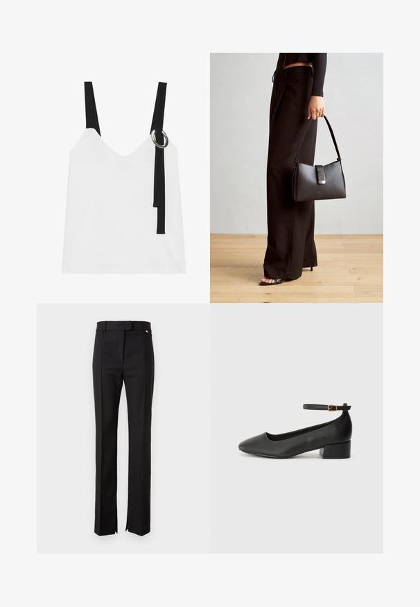 Top alb fără mâneci, cu decolteu în V, având bretele negre și un detaliu cu inel argintiu. Țesătură netedă și un design modern, minimalist.; Pantaloni negri, croiți, cu un design drept, având un brâu cu închidere buton și slits laterale la tiv.; Pantof cu toc negru din piele, cu vârf ascuțit și toc mic pătrat. Dispune de o curea la gleznă cu o cataramă în tonuri de aur. Textură netedă.; Genți negre cu o formă structurată, textură netedă și un închizător metalic. Asortată cu pantaloni negri largi și sandale cu vârf deschis pe un podea din lemn.