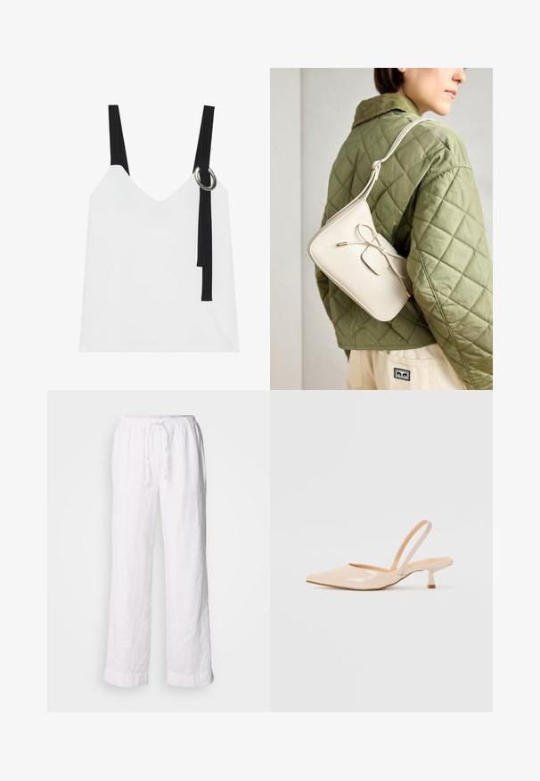 Fehér ujjatlan felső V-nyakkal, fekete pántokkal és ezüst karika részlettel. Simább anyag és modern, minimalista dizájn.; Fehér vászon nadrág laza szabással, gumis derékkal és zsinórral. Közvetlen lábakkal és felhajtott szegéllyel rendelkezik a hétköznapi megjelenés érdekében.; Bézs színű lakkbőr slingback magassarkú cipők hegyes orral és vékony, négyzetes sarkú dizájnnal. Simább textúra és minimalista stílus, díszítések nélkül.; Beige színű bőr keresztpántos táska masni részlettel, arany színű fém kiegészítőkkel és egy állítható pánttal, zöld steppelt dzsekin viselve.