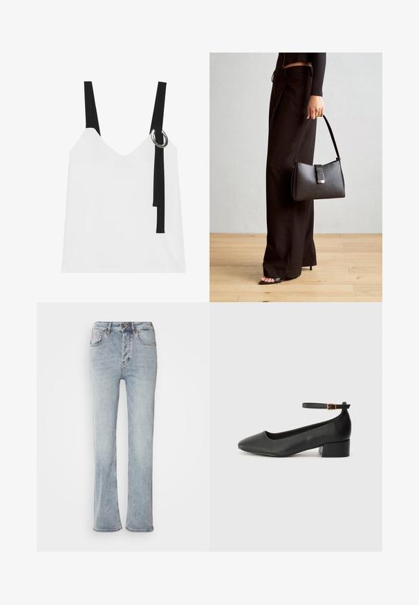 Vit ärmlös topp med V-ringning, försedda med svarta band och en silvrig ringdetalj. Slät tyg och en modern, minimalistisk design.; Ljust blå denimjeans med hög midja, rak bendesign och en lätt utsvängning vid fållen. Har stickade detaljer och dragkedja.; Svart läderpump med spetsig tå och en låg klack. Har en ankelsnodd med en guldtonad spänne. Slät textur.; Svart handväska med strukturerad form, slät yta och metallspänne. Matchad med vida svarta byxor och sandaler med öppen tå på trägolv.