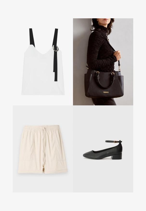 White sleeveless top with a V-neck, featuring black straps and a silver ring detail. Smooth fabric and a modern, minimalist design.; Beige cotton shorts with an elasticated waistband, drawstring, and two side pockets; features a relaxed fit and rolled hem.; Black leather pump with a pointed toe and a low block heel. Features an ankle strap with a gold-tone buckle. Smooth texture.; Black handbag with textured surface, dual top handles, and adjustable shoulder strap. Features gold-tone hardware and side pockets.