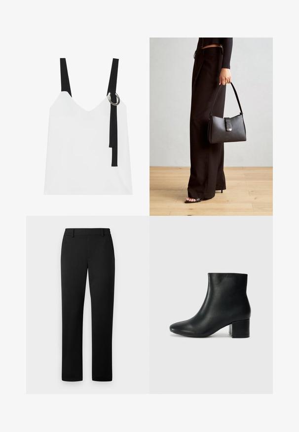 Bijela bezrukavna majica s V-izrezom, s crnim trakama i detaljem srebrnog prstena. Glatka tkanina i moderan, minimalistički dizajn.; Crne hlače s ravnim krojem, izrađene od glatke tkanine s oblikovanim pojasom i prednjim džepovima.; Crne kožne čizme do članaka s uskim vrhom i debelim potplatom. Glatka tekstura s minimalnim detaljima i elegantan, prilagođen dizajn.; Crna torba s oblikom koji sadrži strukturu, glađu teksturu i metalnu kopču. Uparena s širokim crnim hlačama i sandalama na otvorenom s drvenog poda.